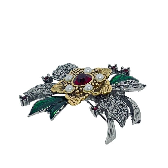 Avon Rhinestone, Faux Pearl, Silver And Gold Tone Poinsettia Brooch (5843) - Picture 2 of 4